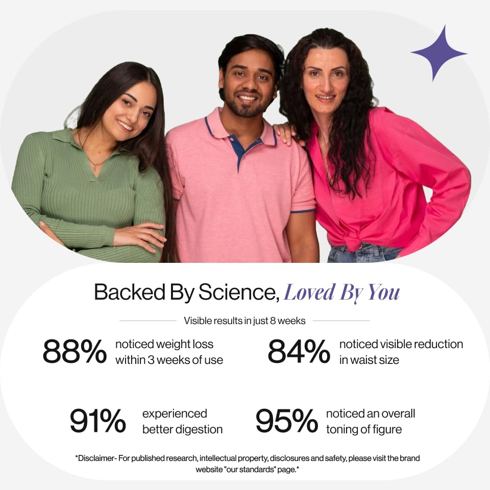 Three people posing together with a testimonial about weight loss and health benefits on a white background.