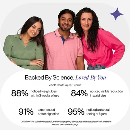 Three people posing together with a testimonial about weight loss and health benefits on a white background.