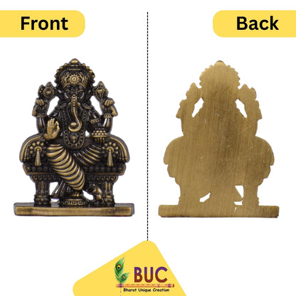 Sri Ganesh Ganpati Sitting on Chowki Idol for Car Dashboard – Brass Finish Ganesh Ji Statue Spiritual Gift for Car, Home & Office (S943-BRS)