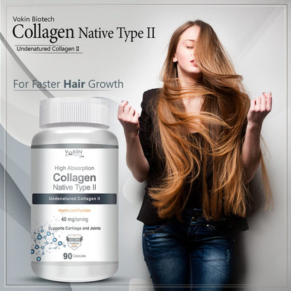 Vokin Biotech Collagen Native Type II supplement bottle with a woman with long hair against a gray background