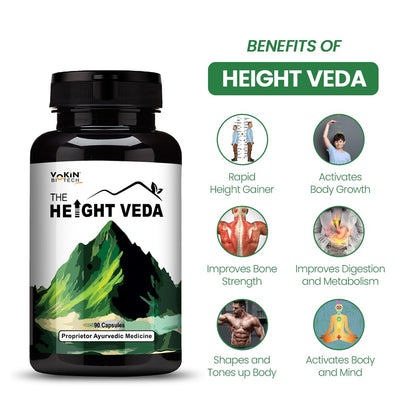 Bottle of 'The Height Veda' supplement with benefits listed on a white background