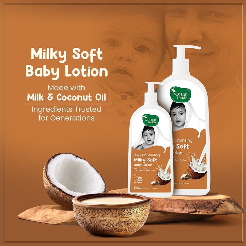 Mother Sparsh Milky Soft Baby Lotion - 200ml | with Milk Protein, Coconut Oil & Shea Butter | For 24Hrs Moisturization