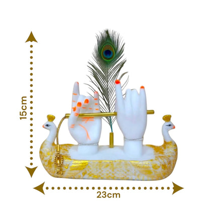 Krishna Hands with Flute Idol, Divine Hand Statue with Peacock Feather, White and Gold Decorative Figurine