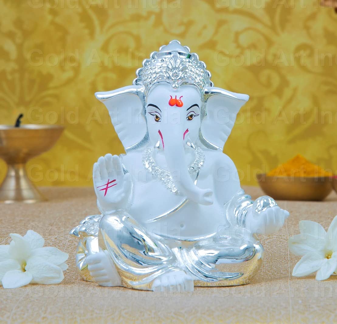 Gold Art India Silver Plated White Gaddi Ganesha 8X6X5 Cm Ganesh Idol for Car Dashboard Small Ganesha Murti Ganpati Idol for Home Decor Puja Lord Ganesh Statue Gift for Office Desk Puja Room Figurine
