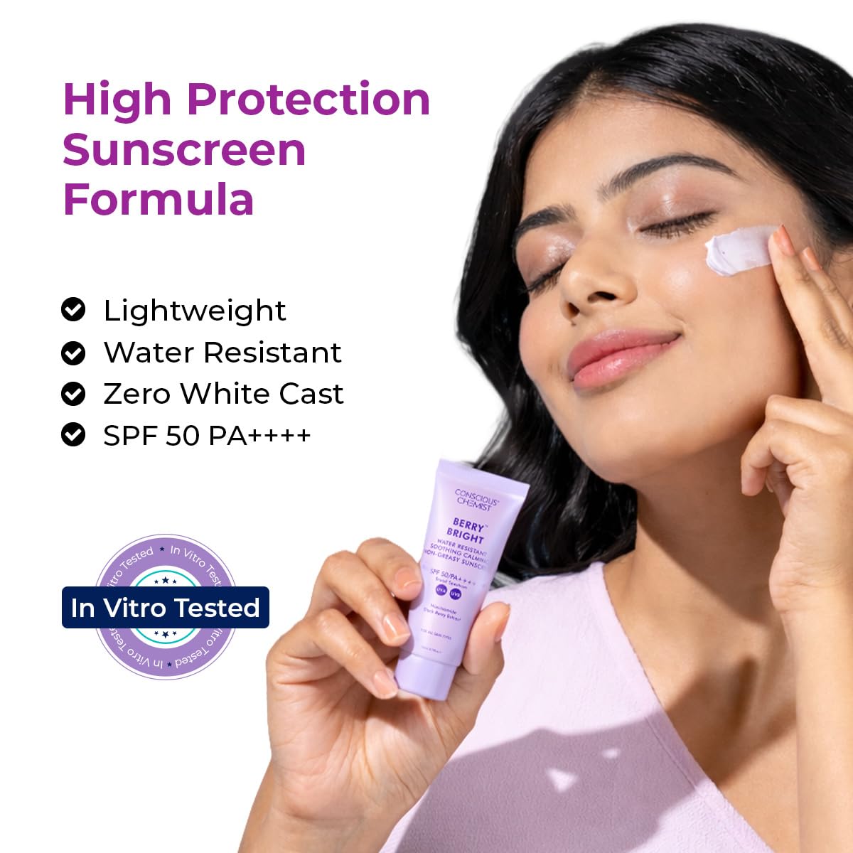 Woman applying sunscreen with product in hand, featuring text on high protection formula.