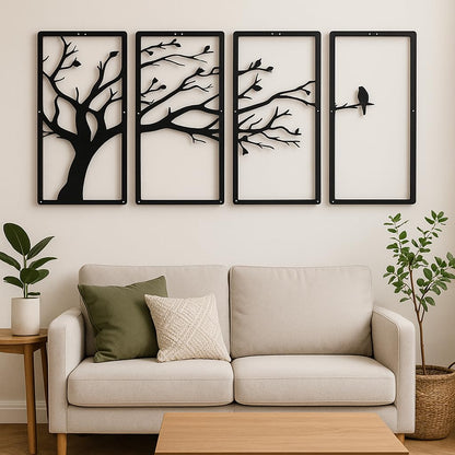 Modern 4-Piece Tree Wall Art Panel Set | Branch & Birds Design | MDF Wooden Wall Hanging | 3D Matte Finish | Items For Living Room/Bedroom/Drawing Room/Dining Room | 40x22 cm Each - Black