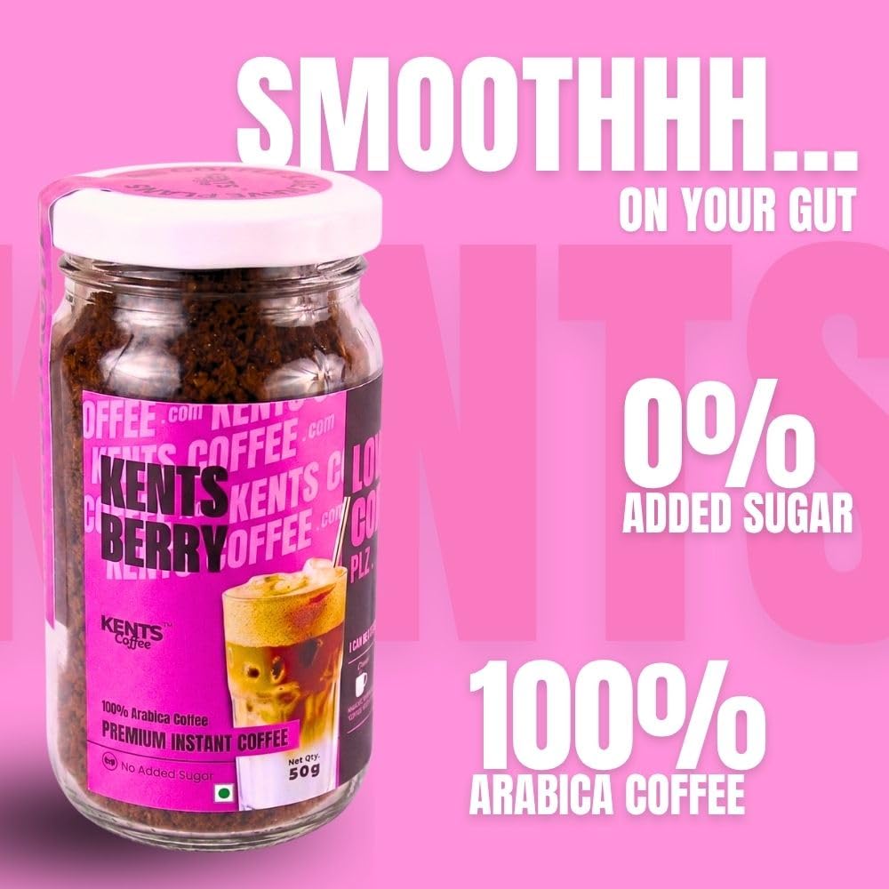 Kents Coffee Berry Delight Cappuccino – Berry Flavor | Plant-Based Instant Coffee | Rich & Creamy | Hot, Iced & Dessert Drinks | 50gm Unbreakable Glass Jar | Hot & Cold Coffee | No Added Sugar, No Artificial Flavours
