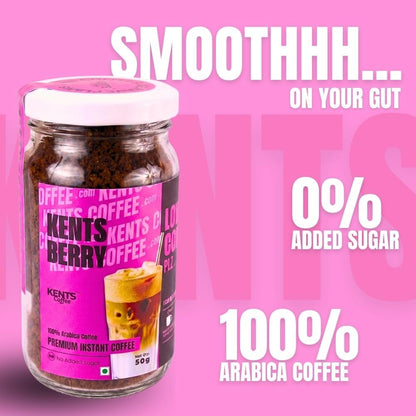 Kents Coffee Berry Delight Cappuccino – Berry Flavor | Plant-Based Instant Coffee | Rich & Creamy | Hot, Iced & Dessert Drinks | 50gm Unbreakable Glass Jar | Hot & Cold Coffee | No Added Sugar, No Artificial Flavours