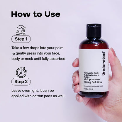 Underated 8% Glycolic Acid Toner for Skin with 1% Salicylic Acid, 1% GDL & AHA BHA PHA Formula | For Women & Men | For Oily & Acne Prone Skin | Face & Body Exfoliating Toner | 200 g