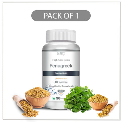 Fenugreek supplement bottle with fenugreek seeds and leaves on a white background