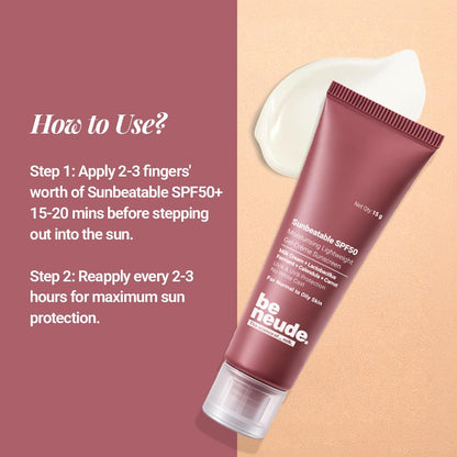 Be Neude Sunbeatable 15ml Gel Creme Sunscreen SPF 50 PA++++ with 3 SPF Boosters & Molecular Milk, Complete UVA+UVB Protection with No White Cast, Oily Skin Friendly