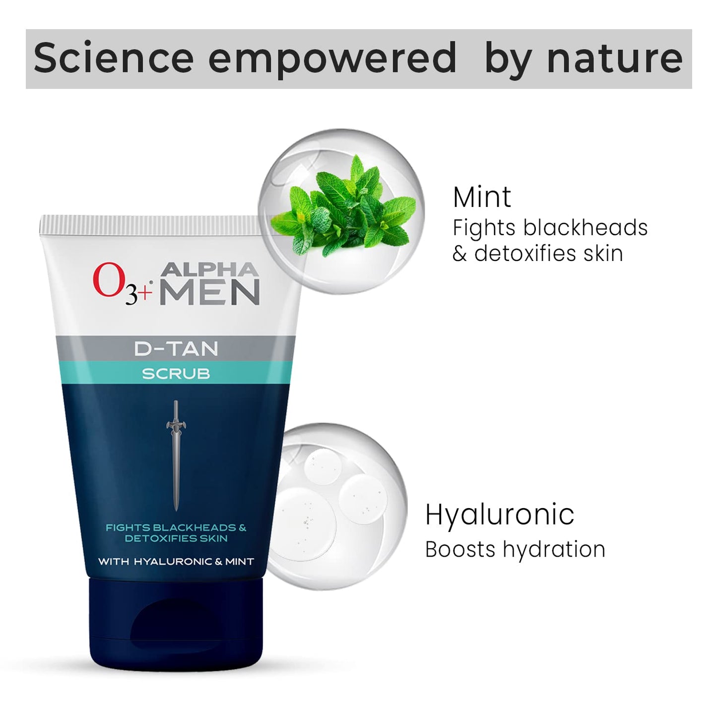 O3+ ALPHA MEN Acno D-TAN Scrub With Hyaluronic & Mint 50g - Detan Scrub for TAN removal | Fights Blackheads & Detoxifies Skin