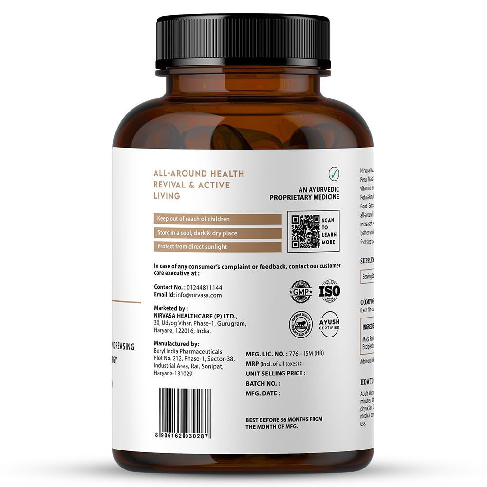 Nirvasa Maca Root Tablets 800mg (60 Tabs) | Ayurvedic Supplement for Energy, Strength, Stamina & Vitality | Supports Fertility & Hormonal Balance | For Men & Women