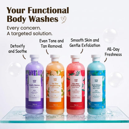 WildOak Detan Body Wash with Walnut Shell Powder for Exfoliation | 750 ml | 2-in-1 BodyWash | Kojic Acid, Alpha Arbutin, Niacinamide, Saffron & Sandalwood | Brightening Shower Gel with Scrubbing Beads
