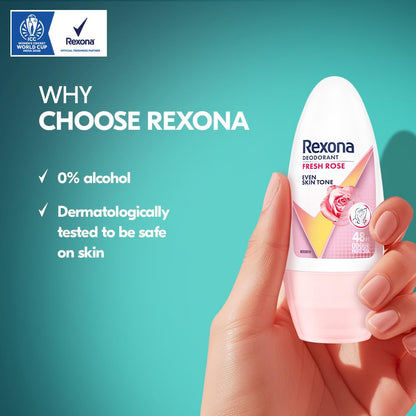 Rexona deodorant roller with a hand holding it, on a teal background