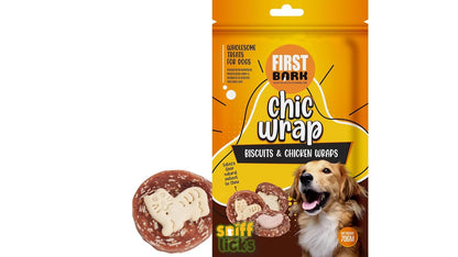 First Bark Chic Wrap Calcium Biscuits & Chicken Wrap Wholesome Treats for Dogs Satisfy Their Natural Instinct to Chew 100% Human Grade Protein Jerky70g (Pack of 1) By Sniff N Licks