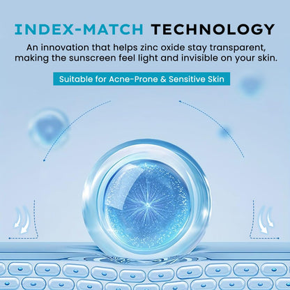 Advertisement for index-match technology sunscreen with a blue background and clear sphere.