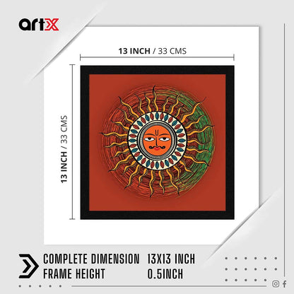 Sun Madhubani Art Painting, Sun Painting Vastu Wall Art, Photo Frame, Multicolor, Traditional, 13X13 in, Set of 1