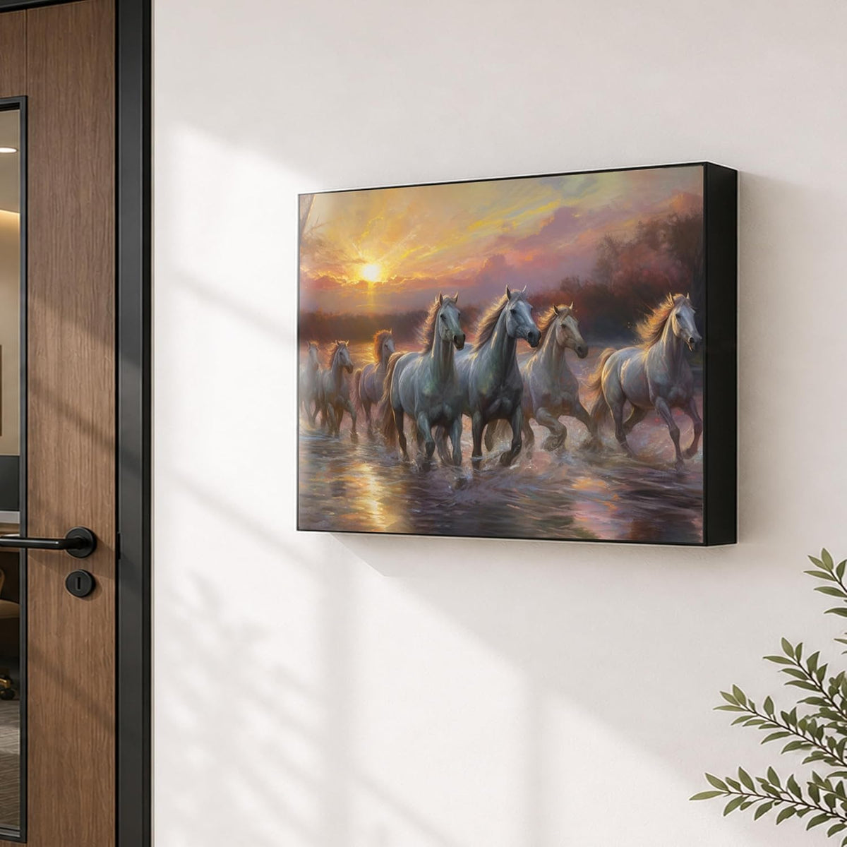 Electric MCB Box Cover Frame With Hydraulic Decorative Painting White 7 Running Horse Painting Electrical Panel box Cover, Switch Box Frame Will Fit Max 10x14 inch Switch Board, Outer Size 13X17 Inch