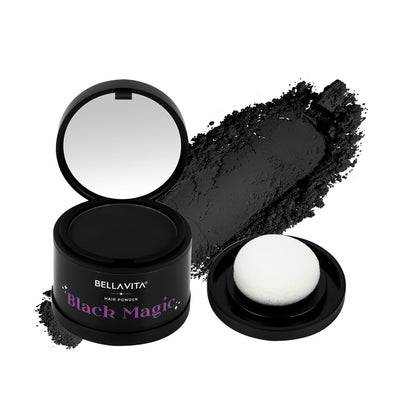 Bellavita Black Magic hair powder with open container, powder, and applicator on a white background