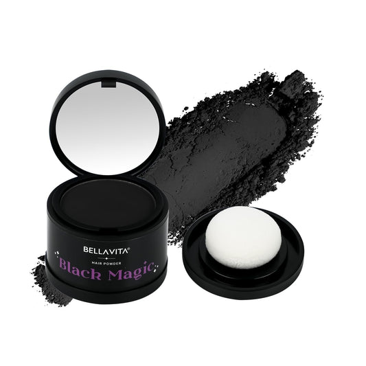 Bellavita Black Magic hair powder with open container, powder, and applicator on a white background