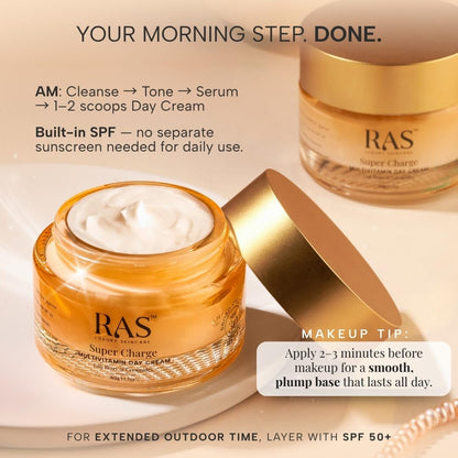 Ras Luxury Oils Super Charge Day Cream with Multivitamin SPF 30 PA++++ Goji Berry & Ceramides | Moisturizer for Glowing Skin with 72HR Hydration | Protection from UVA & UVB | Luxury Skincare