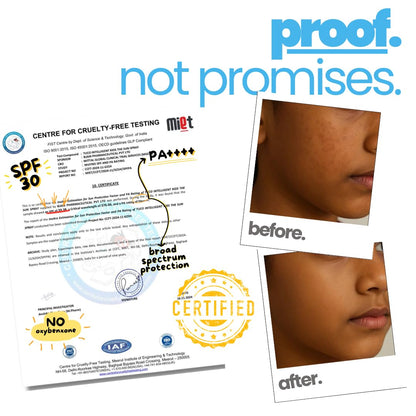Product packaging with SPF 30 label, 'proof. not promises.' text, and 'before' and 'after' skin comparison.