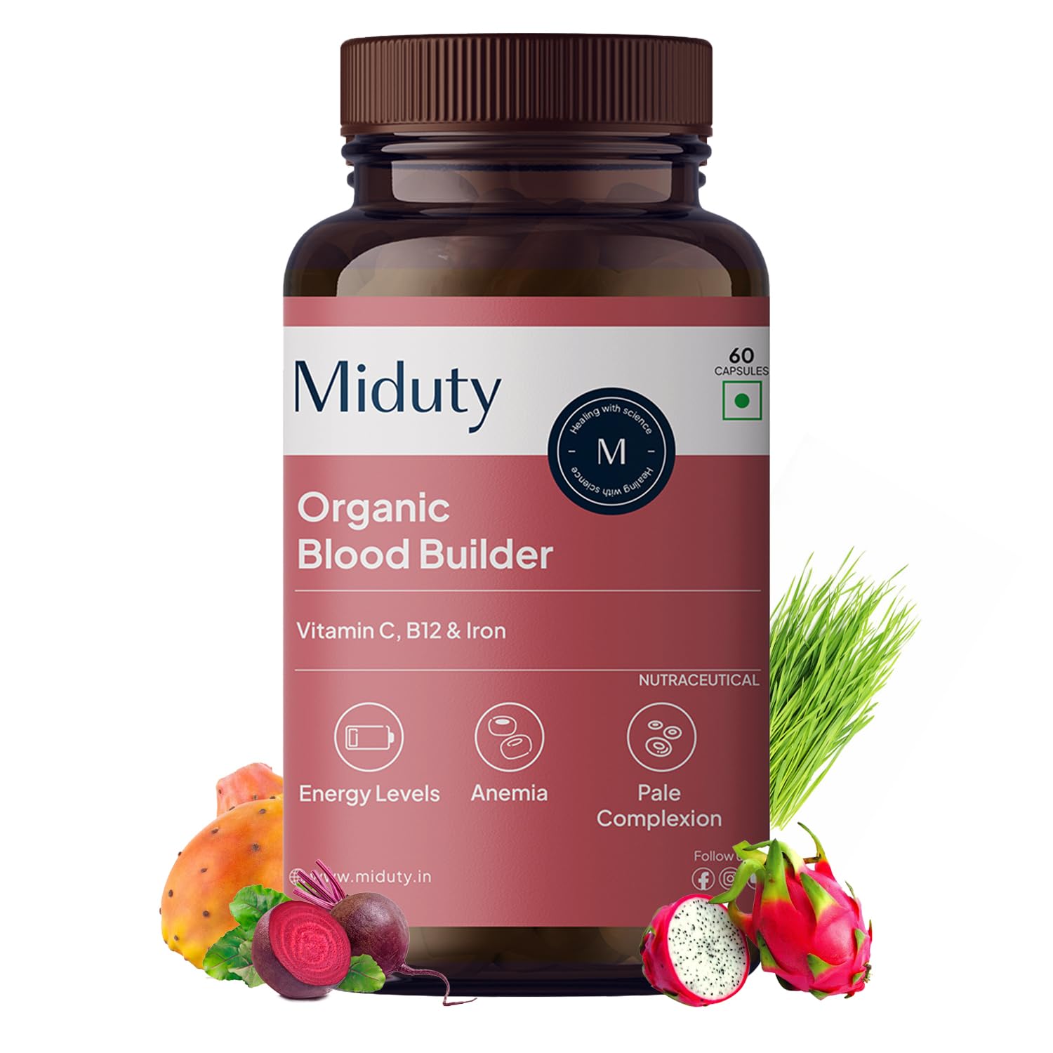 Zephivo Miduty by Palak Notes Organic Blood Builder, Anemia Supplement, Green Amla, Barley Leaves, Beet Root, Organic Iron Supplement, Hemoglobin Booster, Increase HB, Organic Blood Builder Pack - 60 Caps