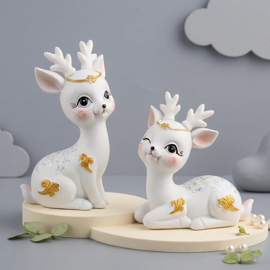 Cute Deer Couple Figurines Garden Decor DIY Craft Valentine Gift Car Office Home Decorative Showpiece - 12 cm (Polyresin, Black, White, Multicolor)