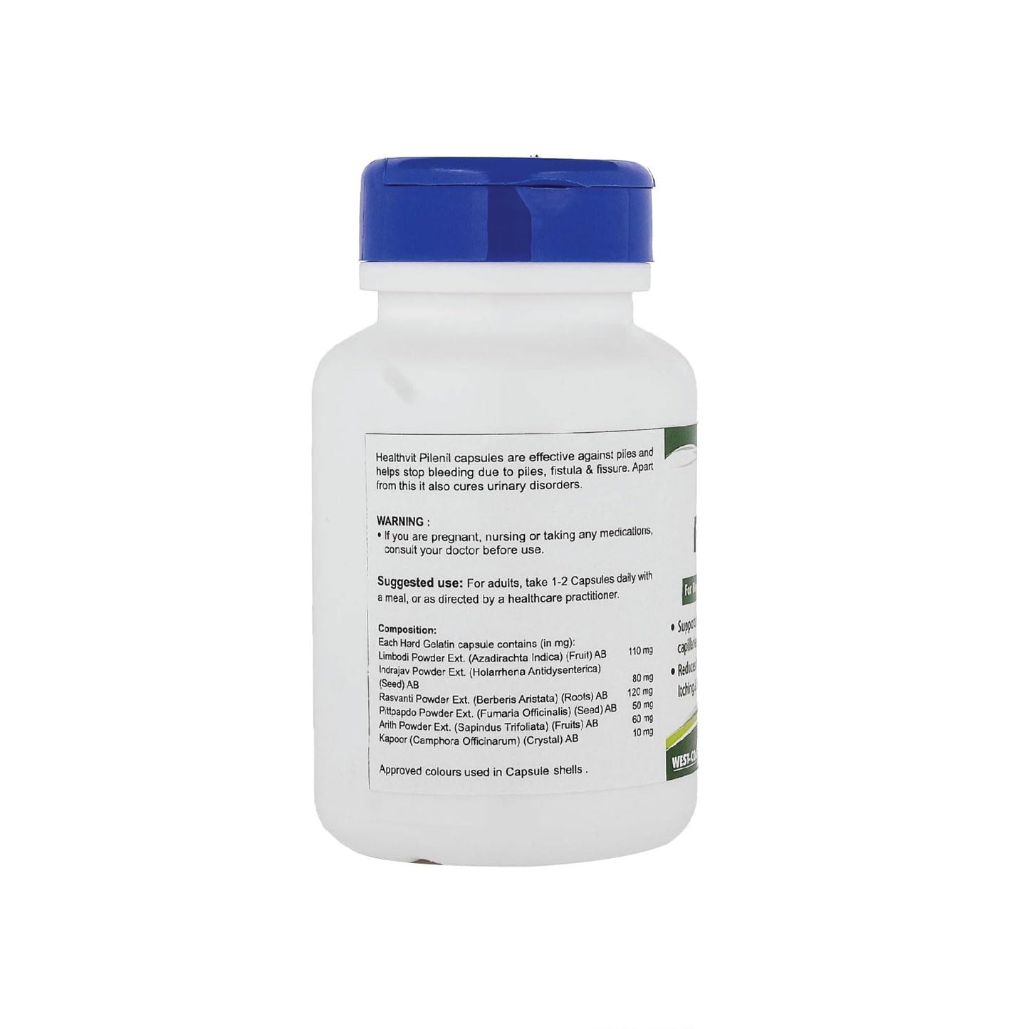 Supplement bottle with blue cap and white label on a white background