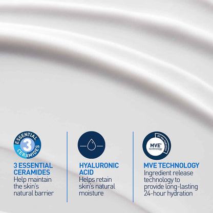Product packaging with ceramide, hyaluronic acid, and MVE technology icons and descriptions.