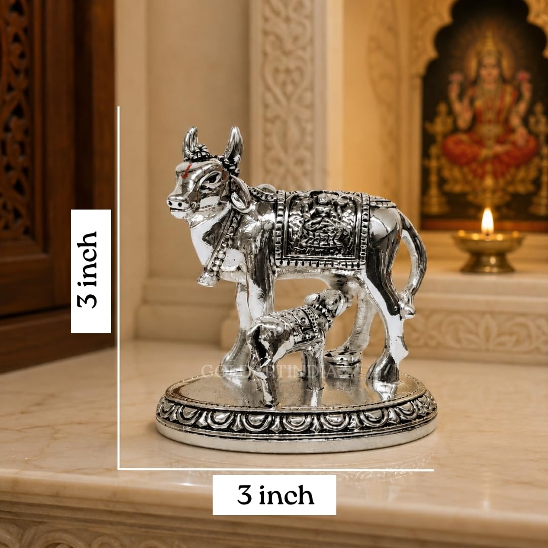 Gold Art India Kamdhenu Cow and Calf Idol | Silver Finish Decorative Murti | 7.62 cm x 7.62 cm | Sacred Gau MATA Statue for Home Temple & Gift