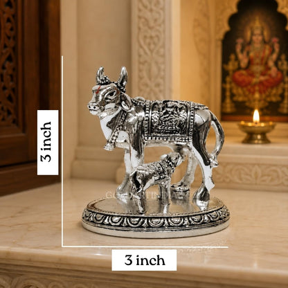 Gold Art India Kamdhenu Cow and Calf Idol | Silver Finish Decorative Murti | 7.62 cm x 7.62 cm | Sacred Gau MATA Statue for Home Temple & Gift