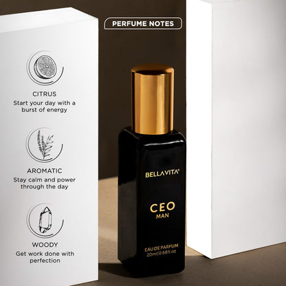 Bellavita CEO Man perfume bottle with packaging and perfume notes on a neutral background