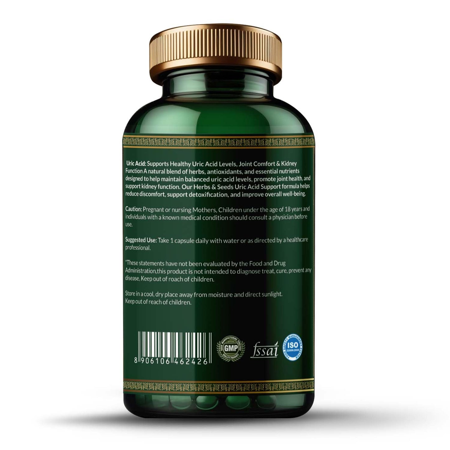 Green supplement bottle with gold cap on a white background