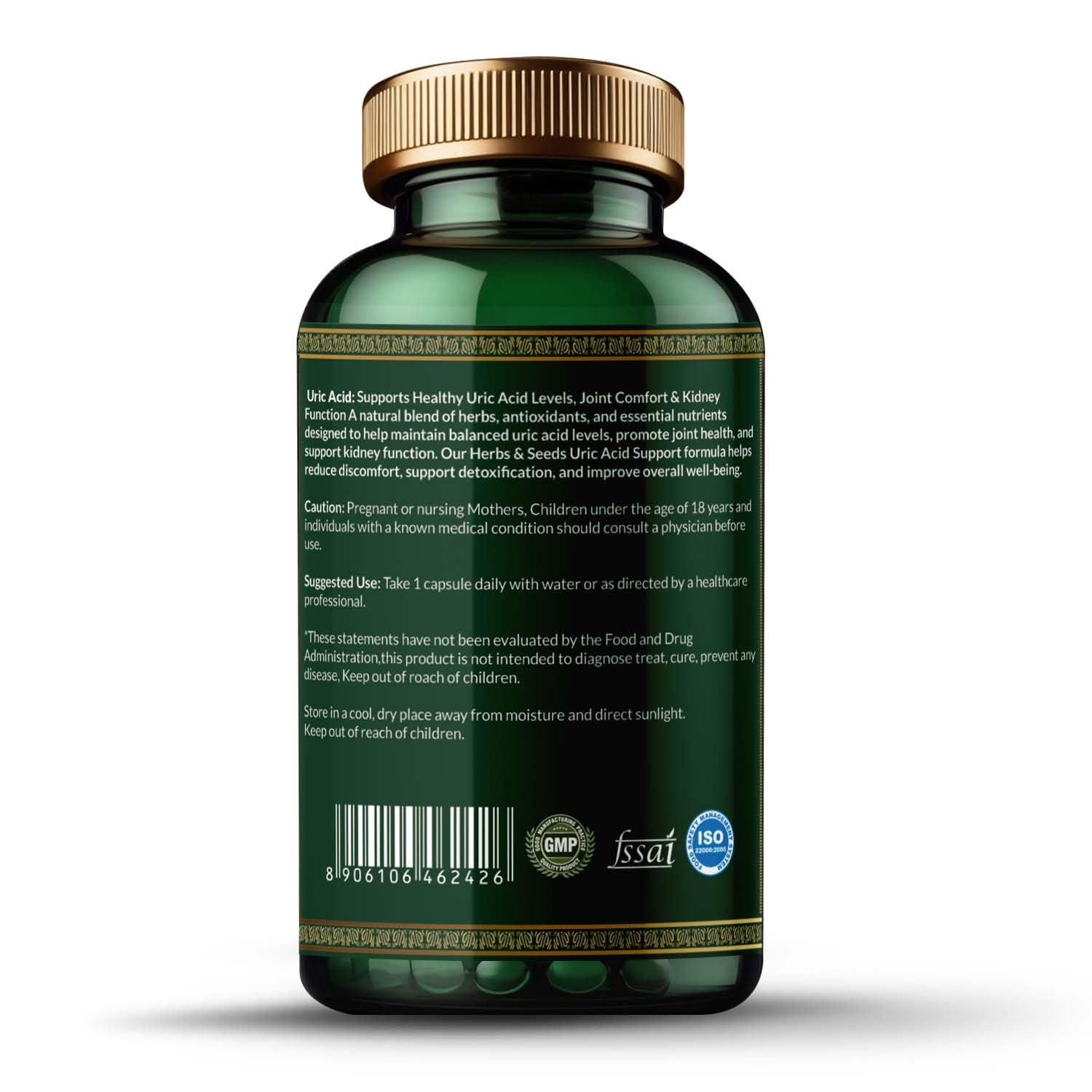 Green supplement bottle with gold cap on a white background