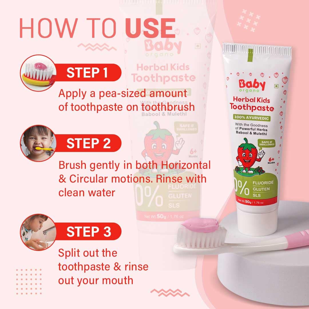 BabyOrgano Ayurvedic Baby Toothpaste for Kids 6+ Months | With Babool, Khadir, Mulethi & Neem | Fluoride-Free, SLS-Free | Safe to Swallow | Supports Strong Teeth & Gums | Strawberry Flavour | 50g (Pack of 1)