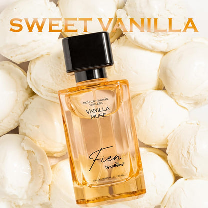 Perfume bottle labeled 'Vanilla Muse' by Fien on a white floral background with 'Sweet Vanilla' text.