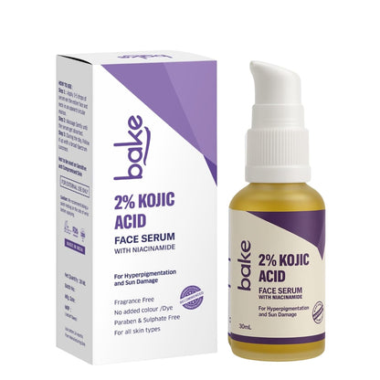 BAKE 2% Kojic Acid Face Serum with 5% Niacinamide & 2% Glycolic Acid for Pigmentation & Dark Spots | For Dark Circles, Tan Removal & Sun Damaged Skin | Skin Brightening & Glowing | 30ml