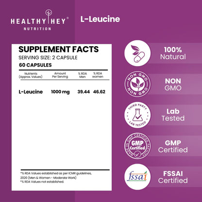 Supplement label for L-Leucine by Healthy Hey Nutrition with certification logos on a purple background.