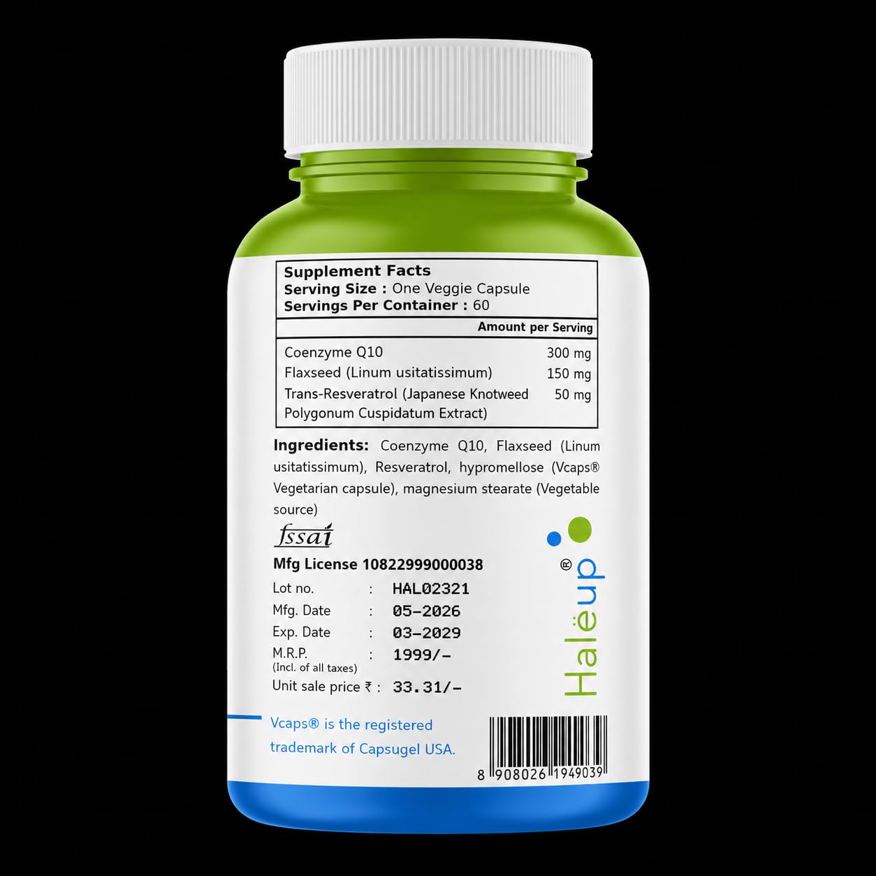 Haleup Trans Resveratrol, 500 mg || 60 capsules II Enriched with Coenzyme Q10 || Healthy Heart|| Brain|| Immunity