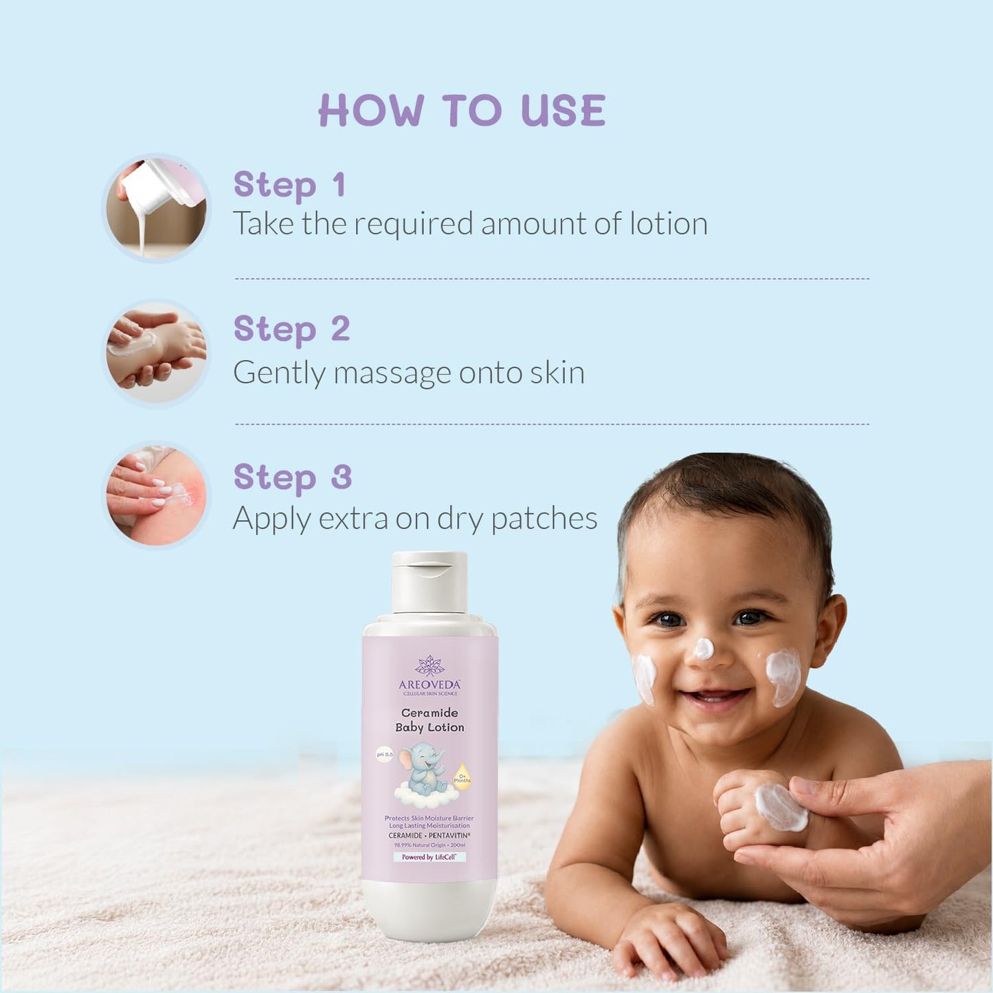 AreoVeda Ceramide Baby Lotion (200ml) | With Ceramides, PENTAVITIN® and Oats Extract | Long Lasting Hydration | Strengthens Skin Moisture Barrier