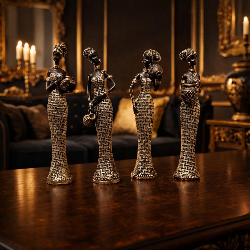 Vibrant Beautiful Finish Uniquely Hand Crafted Home Decor African Tribal Women Art Piece (African Lady Set of 4 with matki)