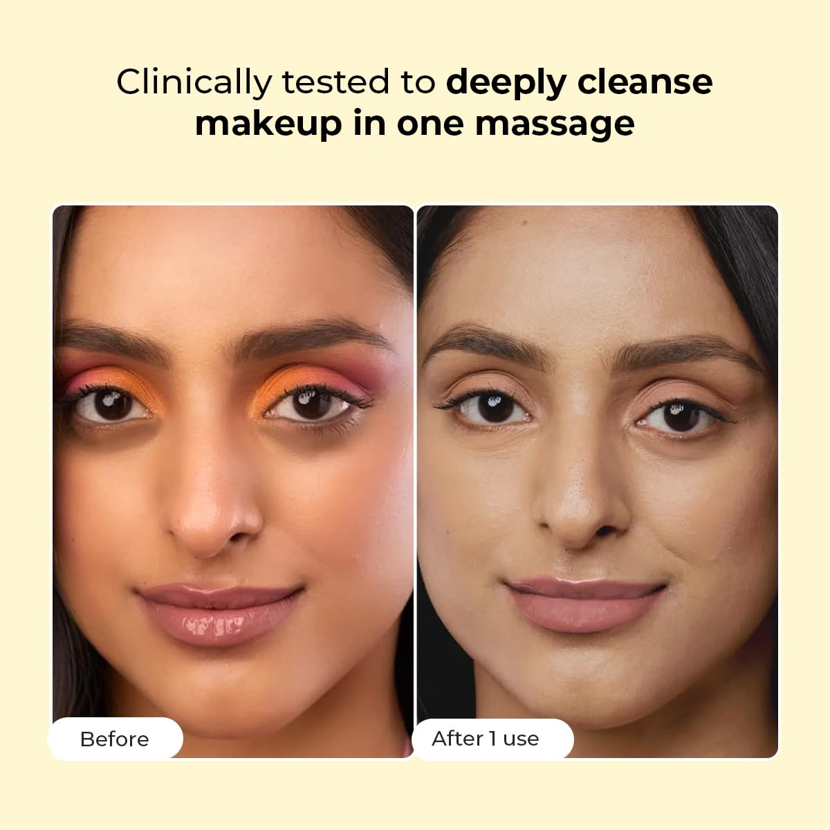 Before and after comparison of a woman's face with makeup removal product.