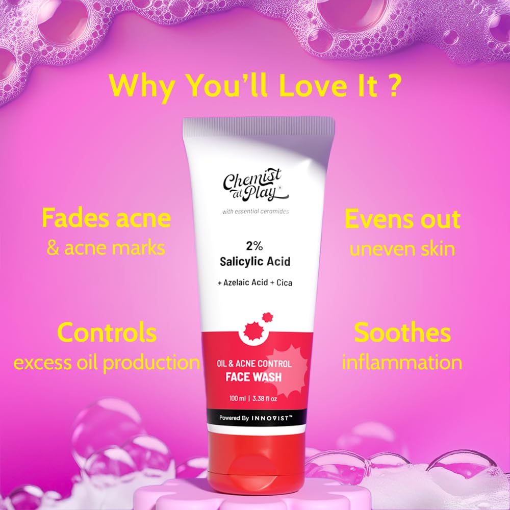 Chemist at Play 2% Salicylic Acid Face Wash For Oily Skin with Niacinamide | Prevents Acne & Removes Excess Oil | Sulphate Free, Anti Acne Face Cleanser | For Men & Women | 100 ml