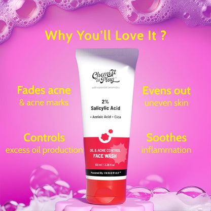 Chemist at Play 2% Salicylic Acid Face Wash For Oily Skin with Niacinamide | Prevents Acne & Removes Excess Oil | Sulphate Free, Anti Acne Face Cleanser | For Men & Women | 100 ml