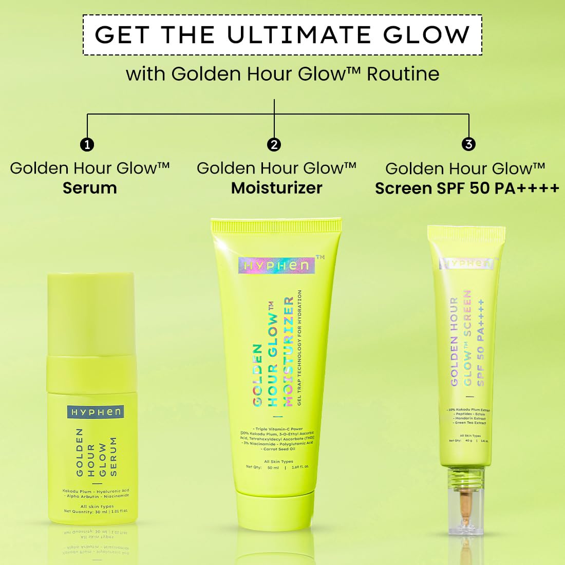Three skincare products from Hyphen on a green background with text about the Golden Hour Glow routine.