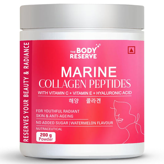 Container of Marine Collagen Peptides with a pink label on a white background