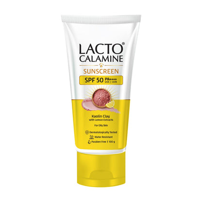 Lacto Calamine sunscreen tube with SPF 50 on a white background