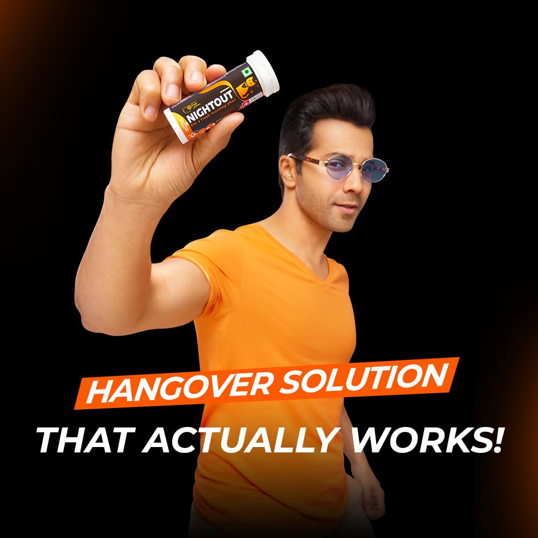 Man holding a product with text about a hangover solution on a black background